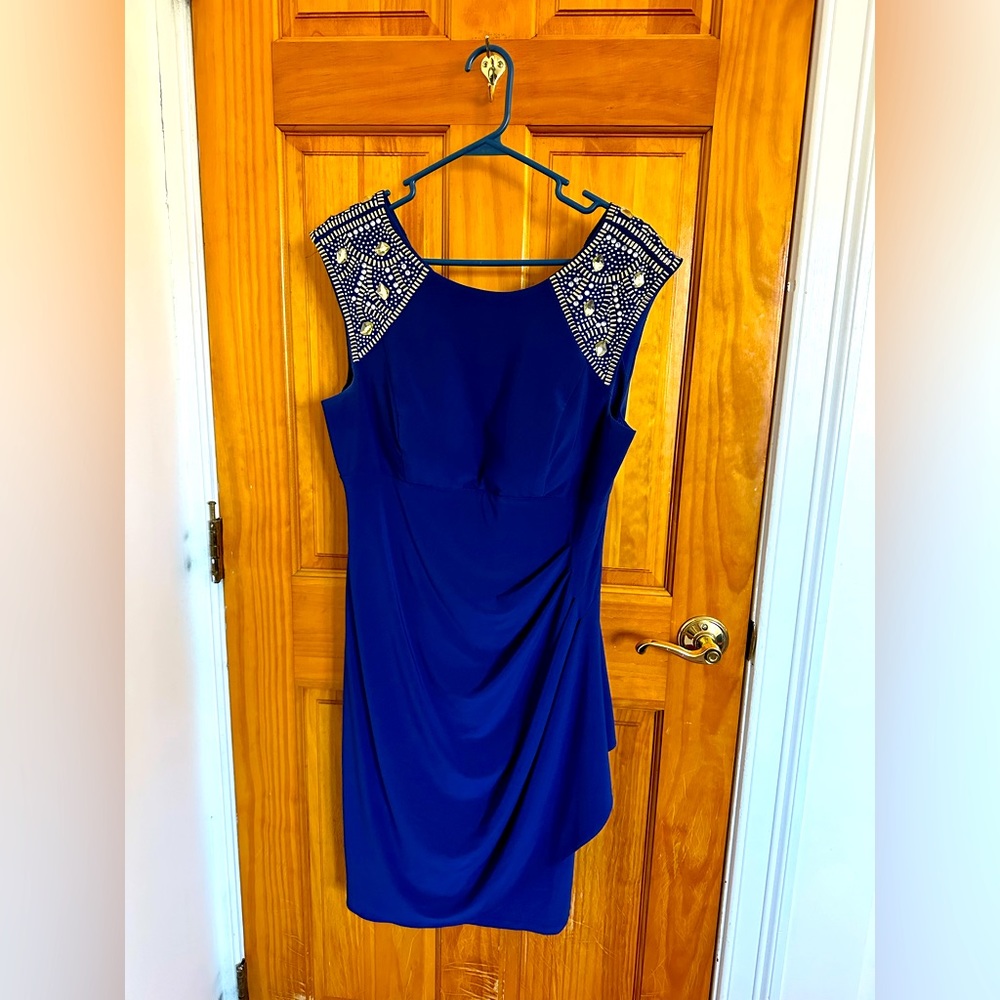 Blue dress with beaded shoulders. Size 14.